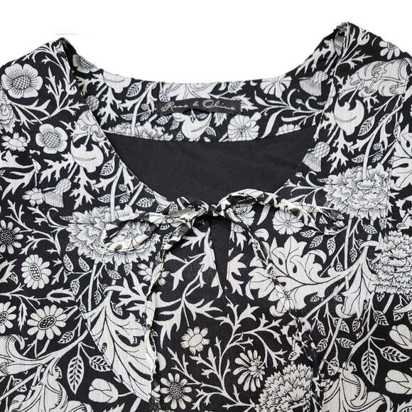 Rose & Olive Black White Floral Print Flowy Midi Shift Drop Waist Dress Size M - Picture 4 of 8